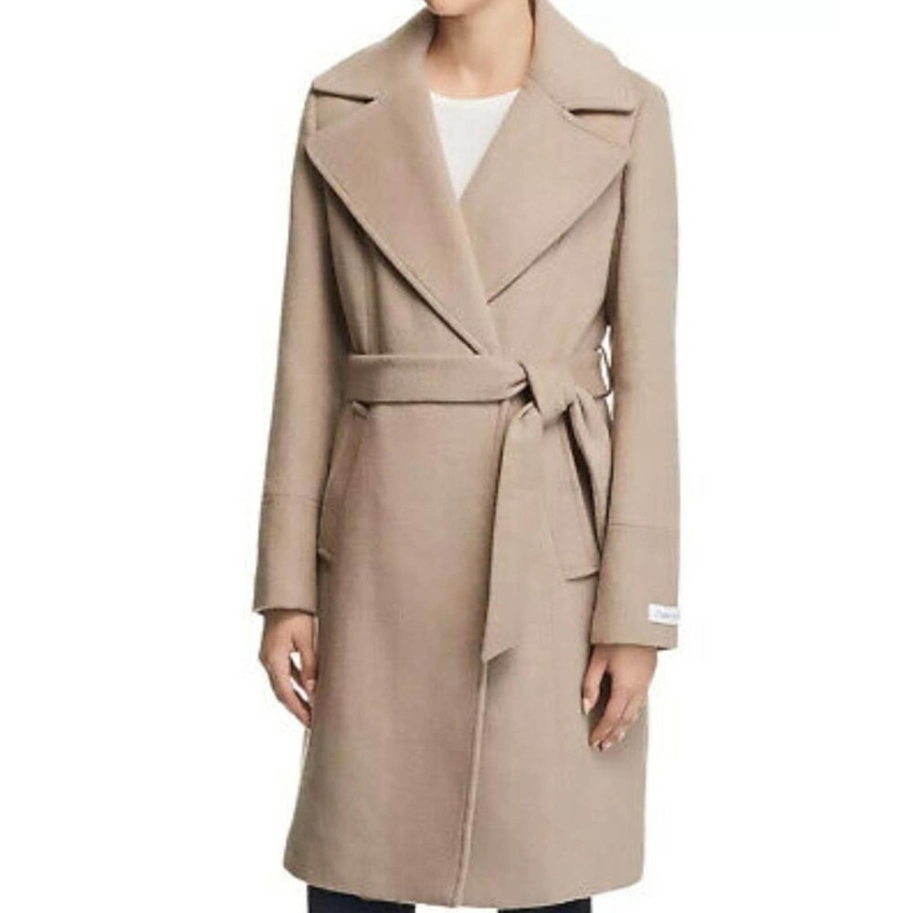 Calvin Klein Notched Collar Wrap Coat In wheat angora blend size 8